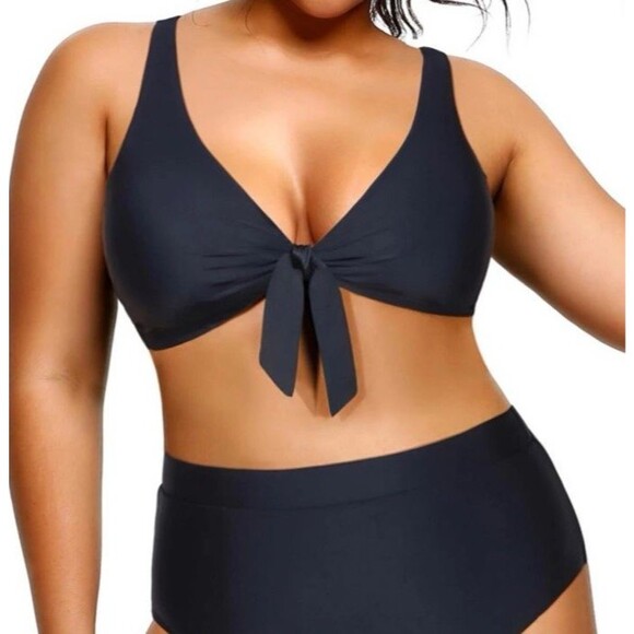 NWT~ Yonique sz 14W Black Plus Bikini Top Tie Knot front , Crisscross Strap - Picture 1 of 5